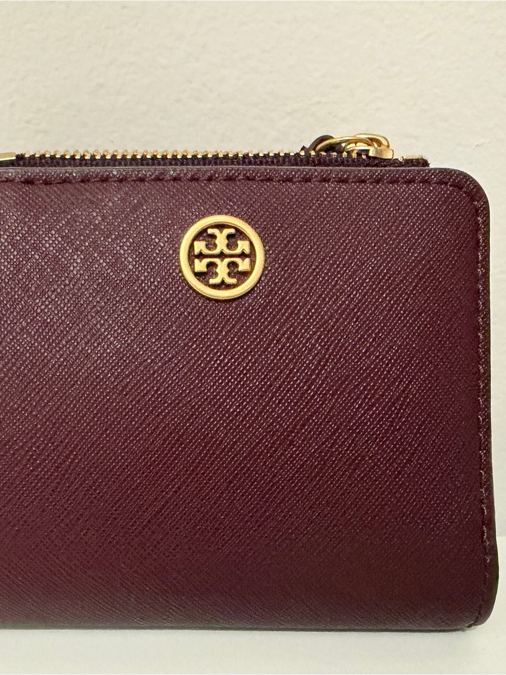 Tory Burch Burgundy Zip Wallet with Gold Logo